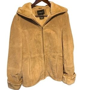 Outbrook Suede Leather Shearling Lined Hooded Coat Tan Ladies Size Medium